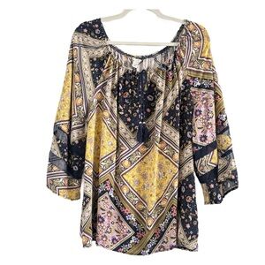 🌼 Cato Gold and Black 3/4 Sleeve Tie Front Blouse